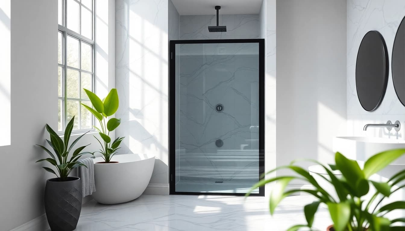 Admire the elegant black shower door featured in a modern bathroom design.