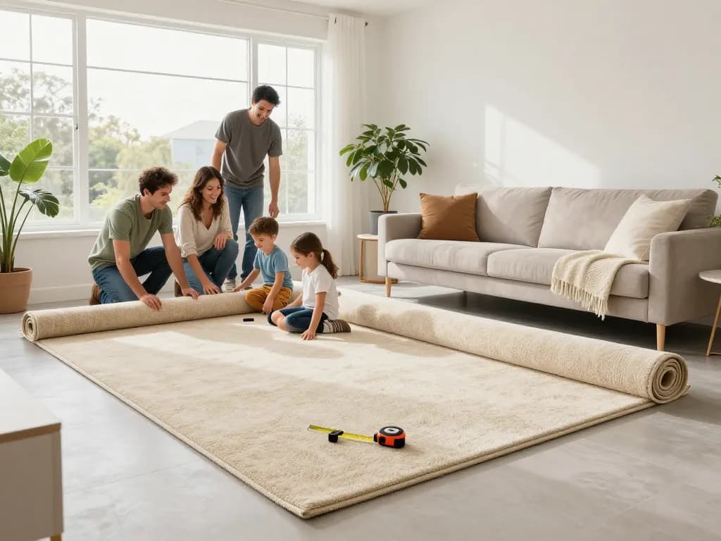 Family watching residential carpet installation in a bright living room with stylish decor.