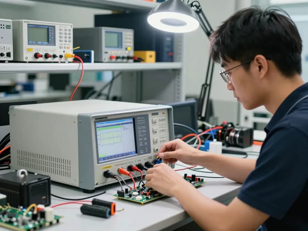 Technician adjusting a HANMATEK® HM310T programmable DC power supply in a modern electronics workshop, showcasing advanced testing and development.