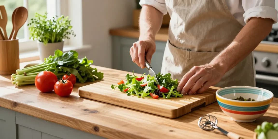 Preparing fresh ingredients on a totally bamboo cutting board in a cozy kitchen.