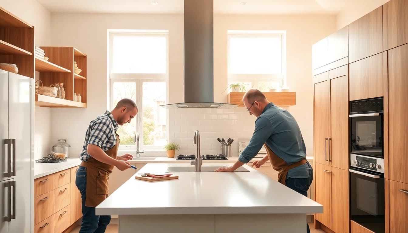 Experienced kitchen fitters near me installing stunning cabinetry in a modern kitchen.