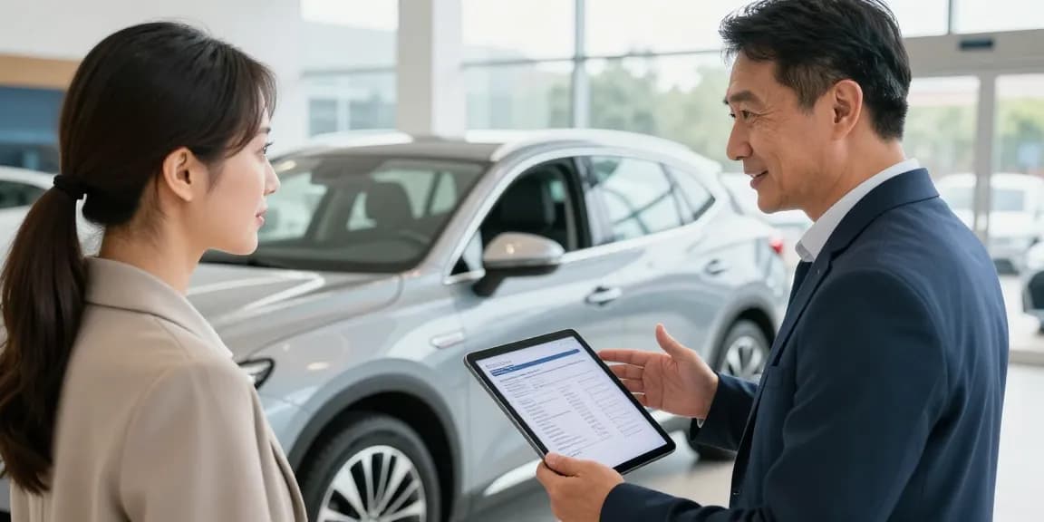 Buyer checking the best car history check UK report during a car sale negotiation, focusing on vehicle transparency and trust.