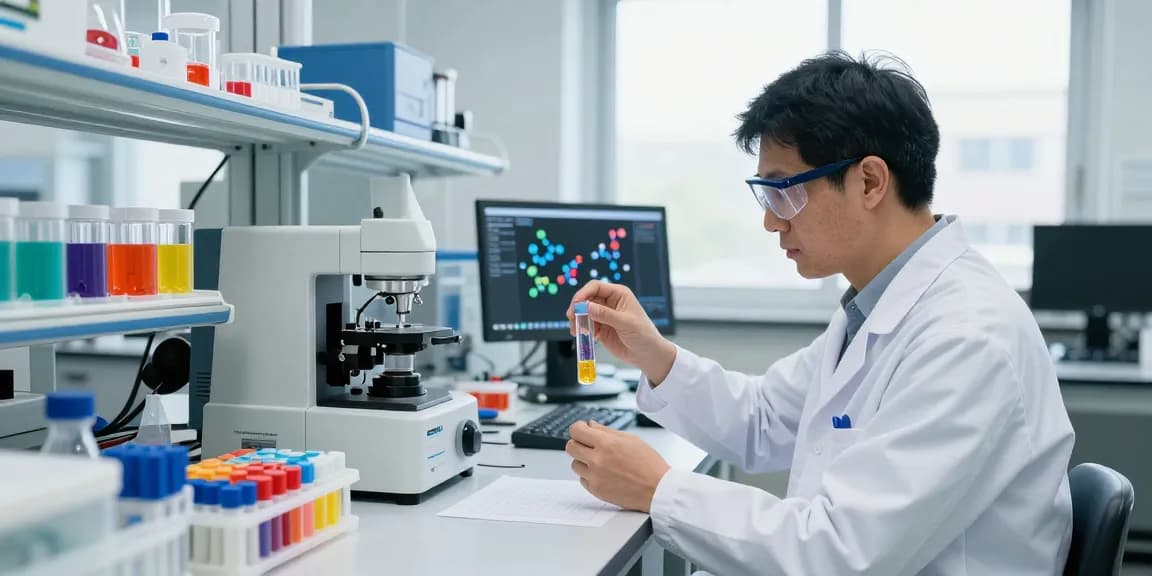 Expert analyzing polymer expandable microspheres in a bright lab, showcasing the science behind polymer materials.