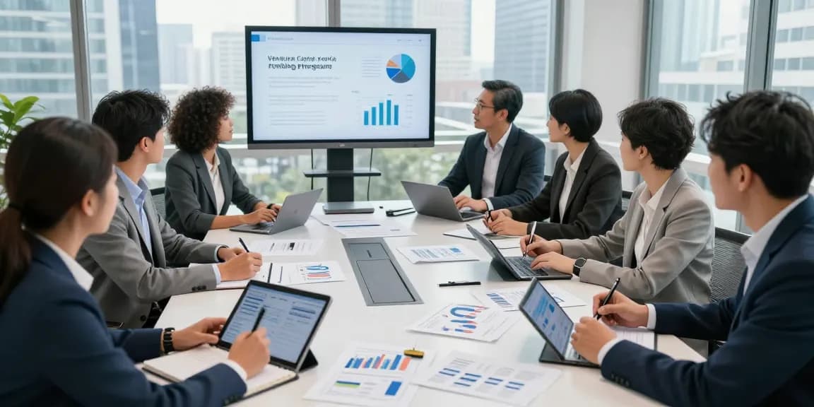 Entrepreneurs collaborating on a venture capital project funding program strategy in a contemporary office setting, showcasing teamwork and innovation.