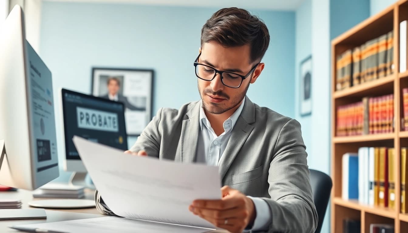 Attorney reviewing important Probate documents in a professional office.