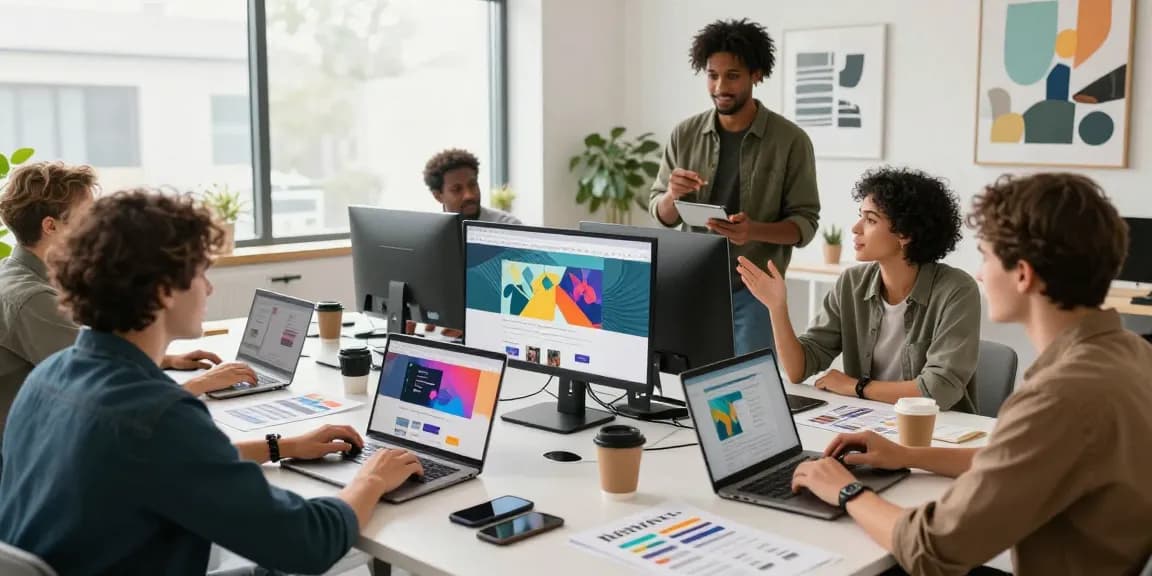 Team at ghanawebdesigns.com creating modern websites in a bright agency.