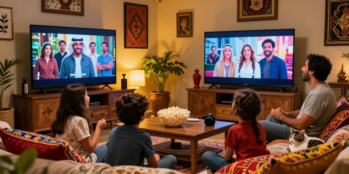 Family enjoying popular مسلسل، مسلسلات تركية، مسلسلات عربية together in a cozy living room with a vibrant atmosphere.