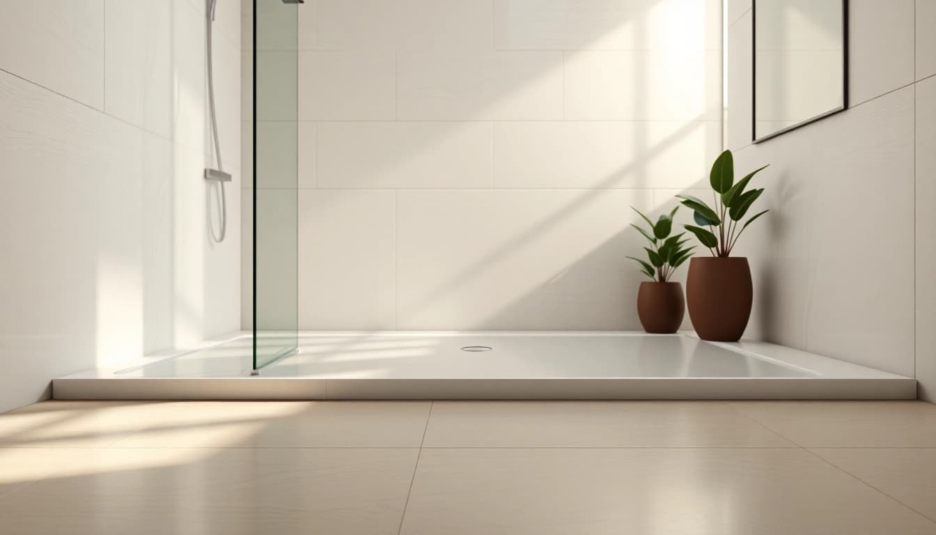 Showcasing a sleek 800 x 800 shower base in a modern bathroom with natural light and minimalist design.