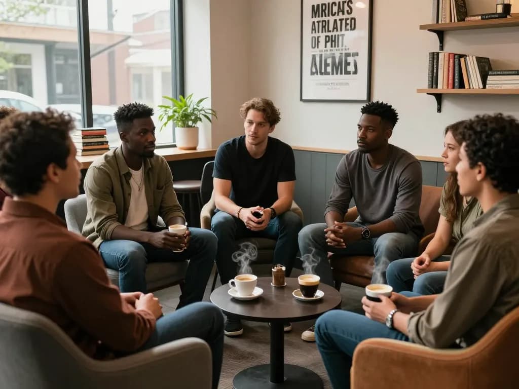 Men club gathering discussing mental health in a cozy lounge.