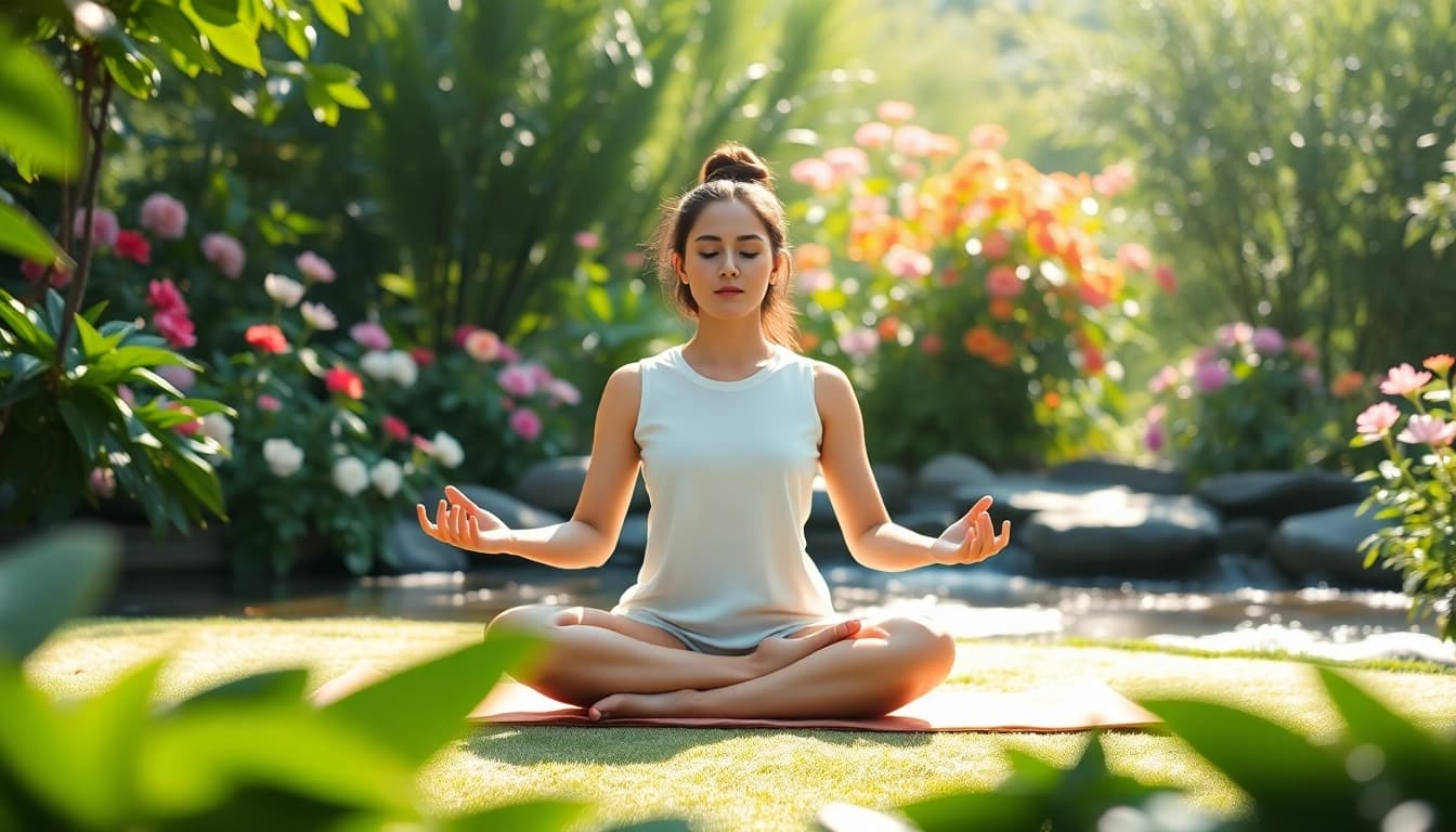 Embracing mental wellness through meditation in a serene garden setting.