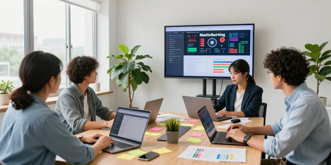 Marketing team collaborating at https://wwww.monkeygoals.com office, showcasing vibrant workspace and analytics.