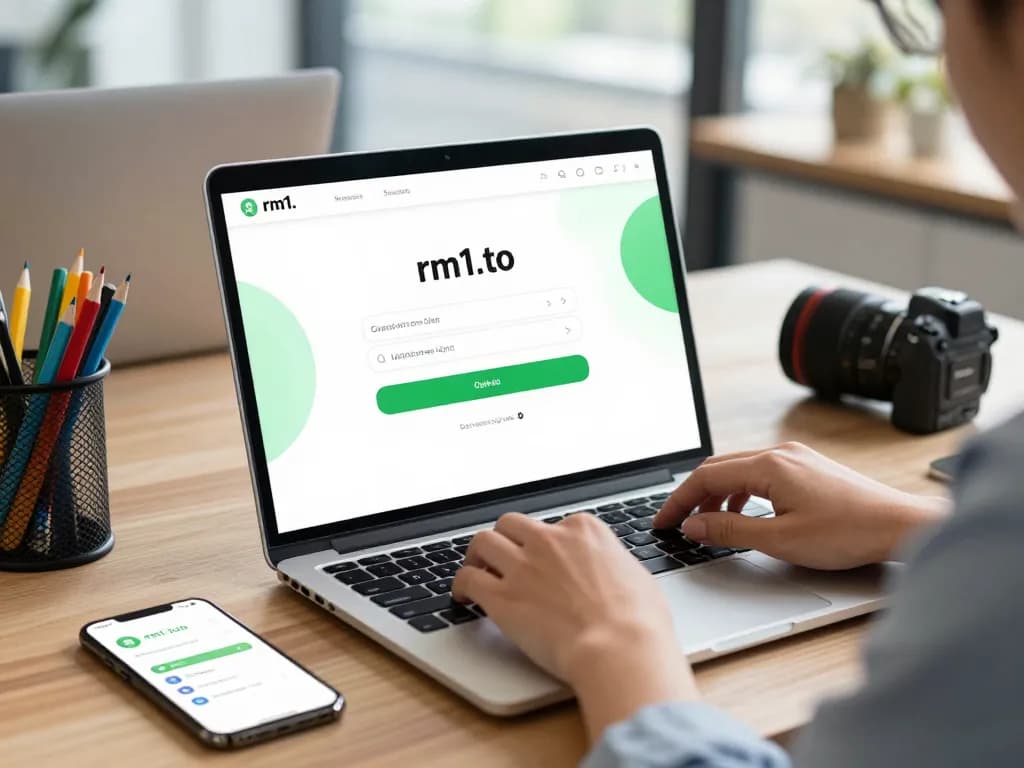 User logging into the secure rm1.to page on a laptop in a bright, modern office.