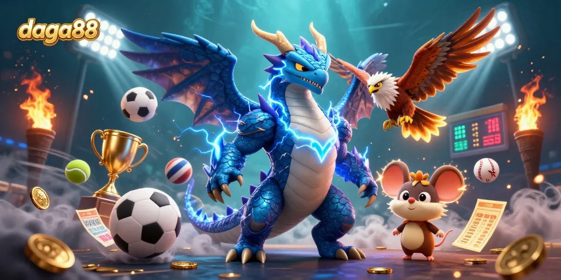 Daga88 captures the thrill of betting with dynamic sports elements, gold coins, and an electric dragon.