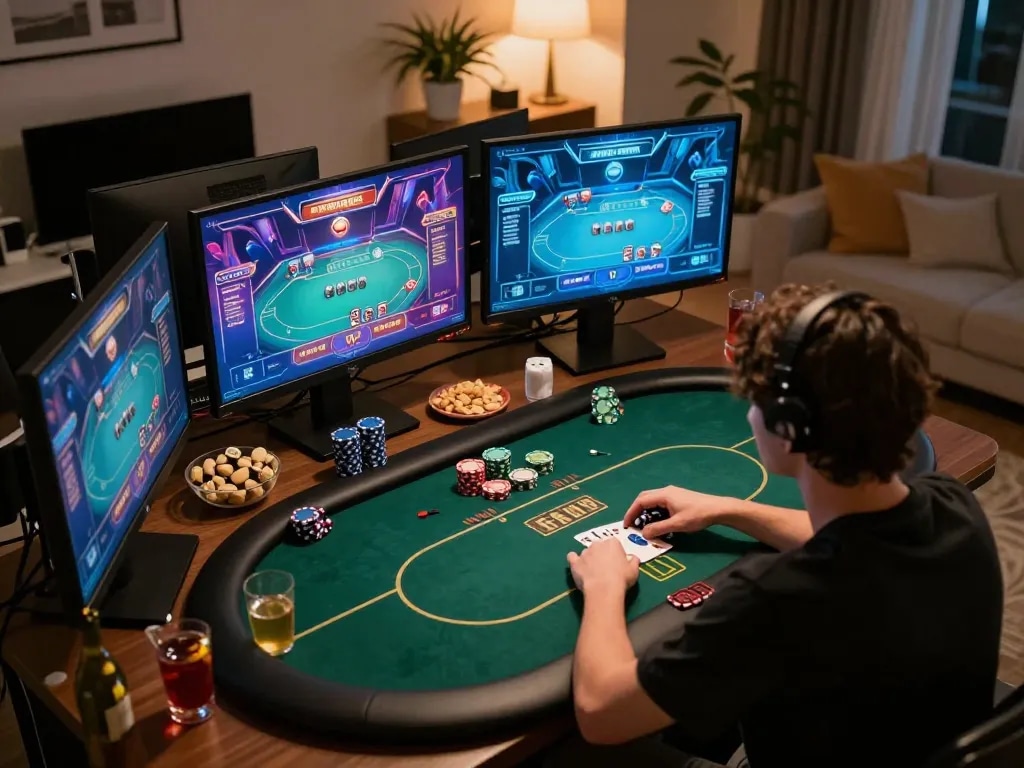 Man club online poker session with multiple screens displaying games and ambient lighting.
