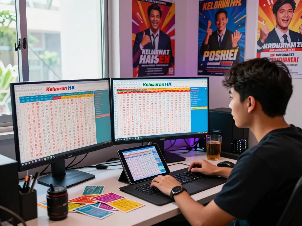 Pembaruan hasil lotere Keluaran HK dengan pemain yang bersemangat memeriksa undian langsung di meja modern dengan tiket berwarna-warni.