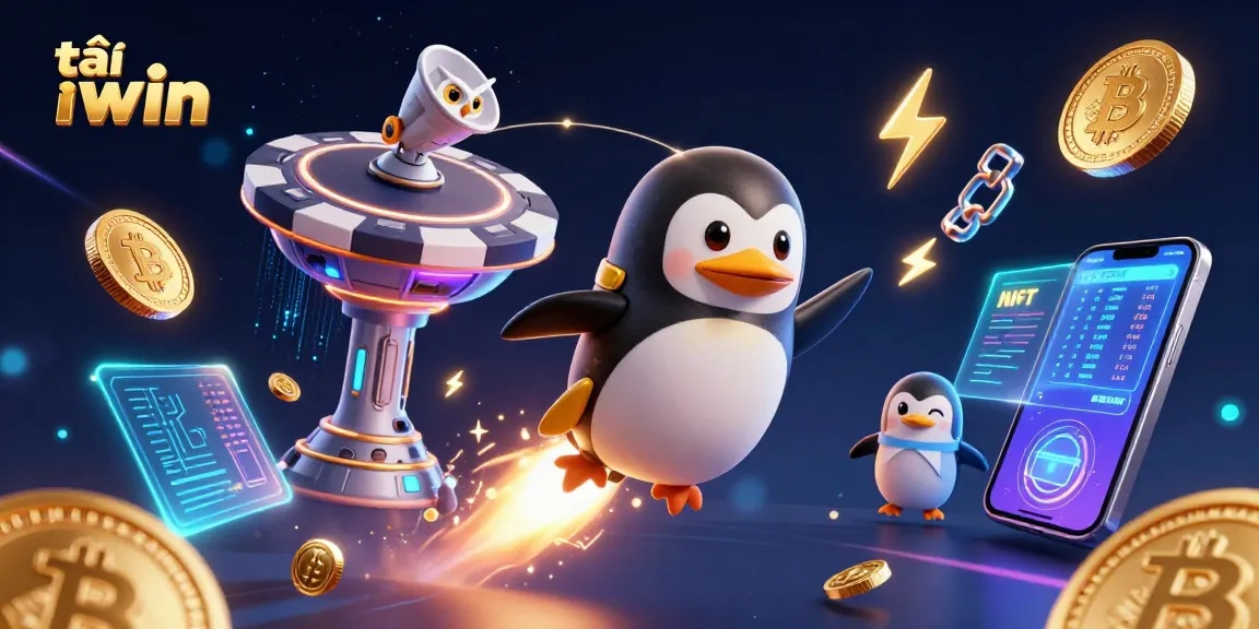 Tải iwin to win big with a vibrant 3D casino themed digital illustration featuring a penguin and coin elements.