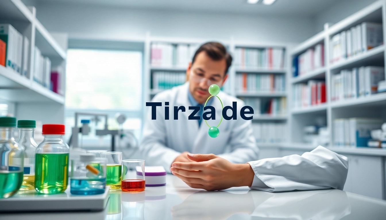 Tirzepatide molecule model examined by a scientist in a bright laboratory, symbolizing innovation.