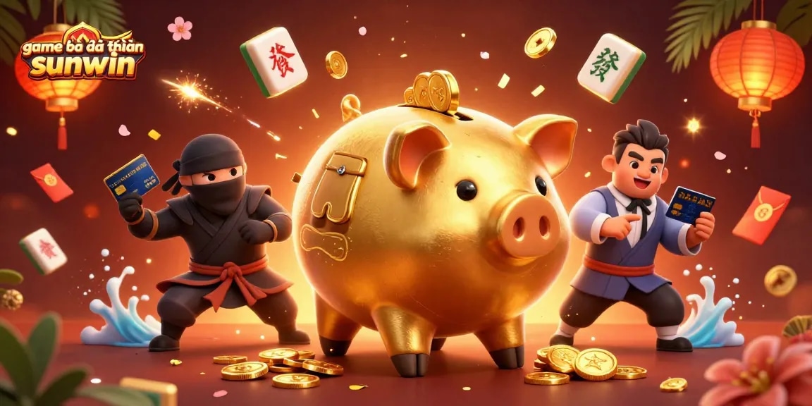 Win big with game bài đổi thưởng sunwin as a sumo wrestler and ninja characters battle in a vibrant casino scene.