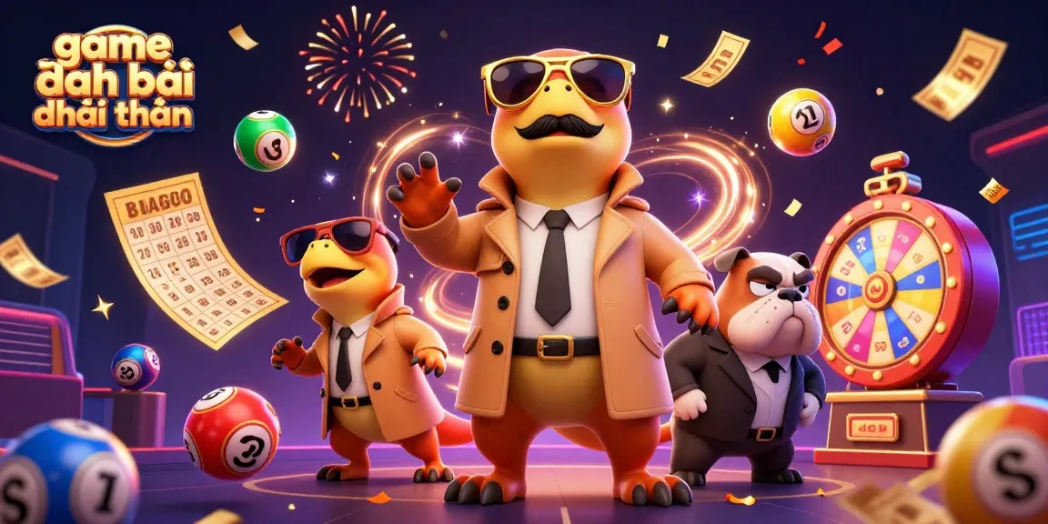 Engage in game đánh bài đổi thưởng with lively colorful elements in a bustling casino atmosphere.