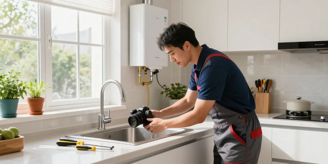 Electrician in Singapore installing water heater in a modern kitchen for reliable plumbing service.