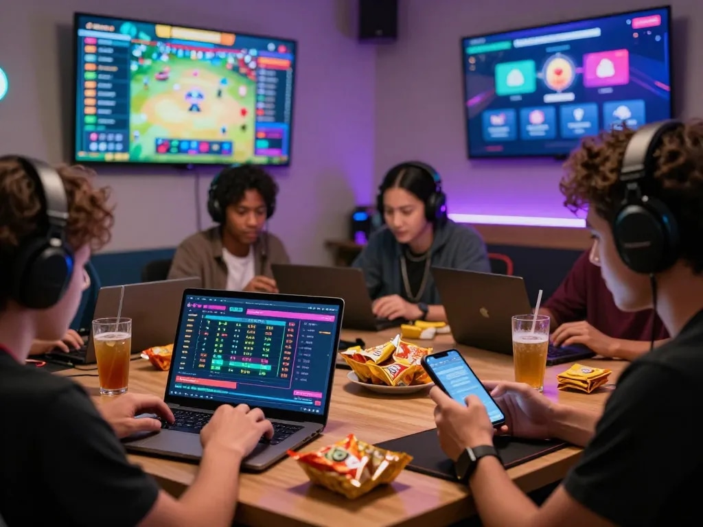 Players engaged in lô đề activities on various devices within a vibrant online gaming setting.