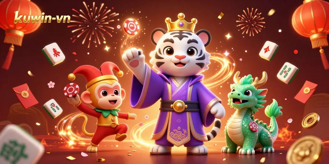 Engage in playful gaming action with kuwin-vn's vibrant casino scene featuring a white tiger and lucky elements.