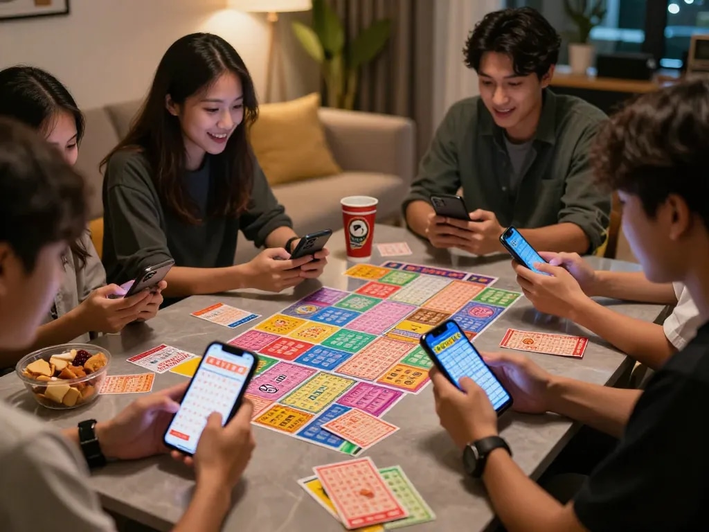 Keterujaan Keluaran HK dengan pemain yang memeriksa hasil lotere dan tiket berwarna-warni selama malam permainan.