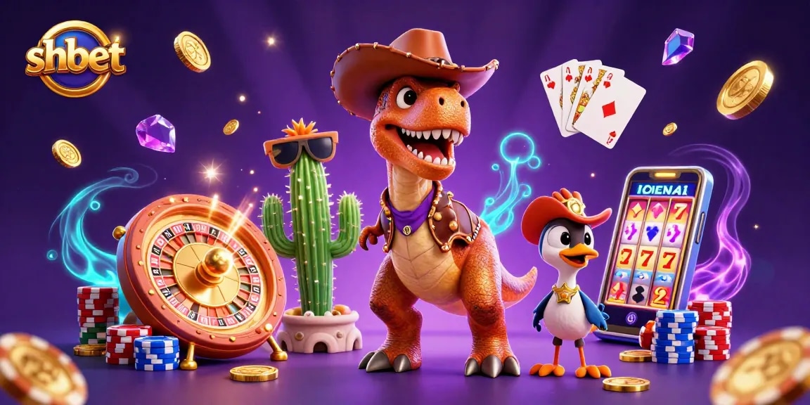 Experience thrilling games at SHBET, featuring a cowboy dinosaur in an exciting casino scene.