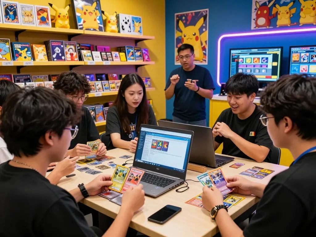 Engaging scene showcasing players using a Pokémon TCG Database surrounded by trading cards and collectibles in a vibrant game shop.
