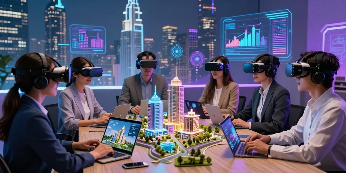 rokok88 virtual property investment scene with diverse individuals and futuristic digital assets