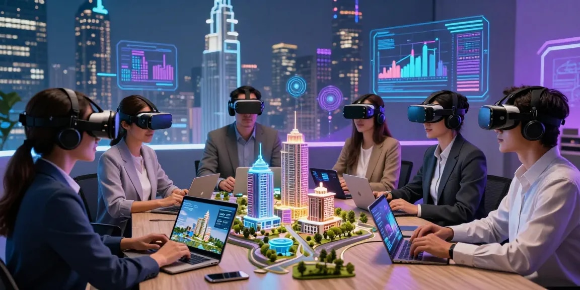 rokok88 virtual property investment scene with diverse individuals and futuristic digital assets