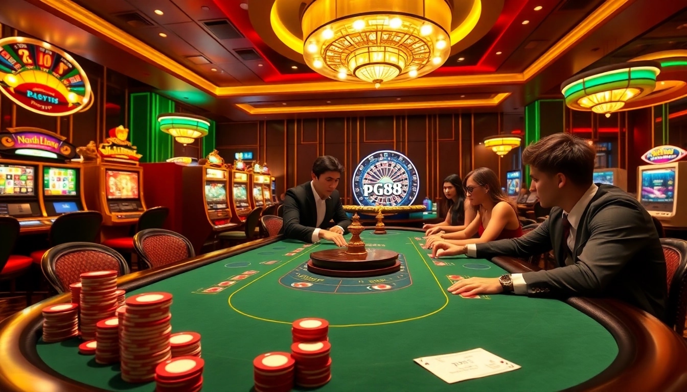 Experience high-stakes gaming at pg88's luxurious poker table featuring vibrant atmosphere.