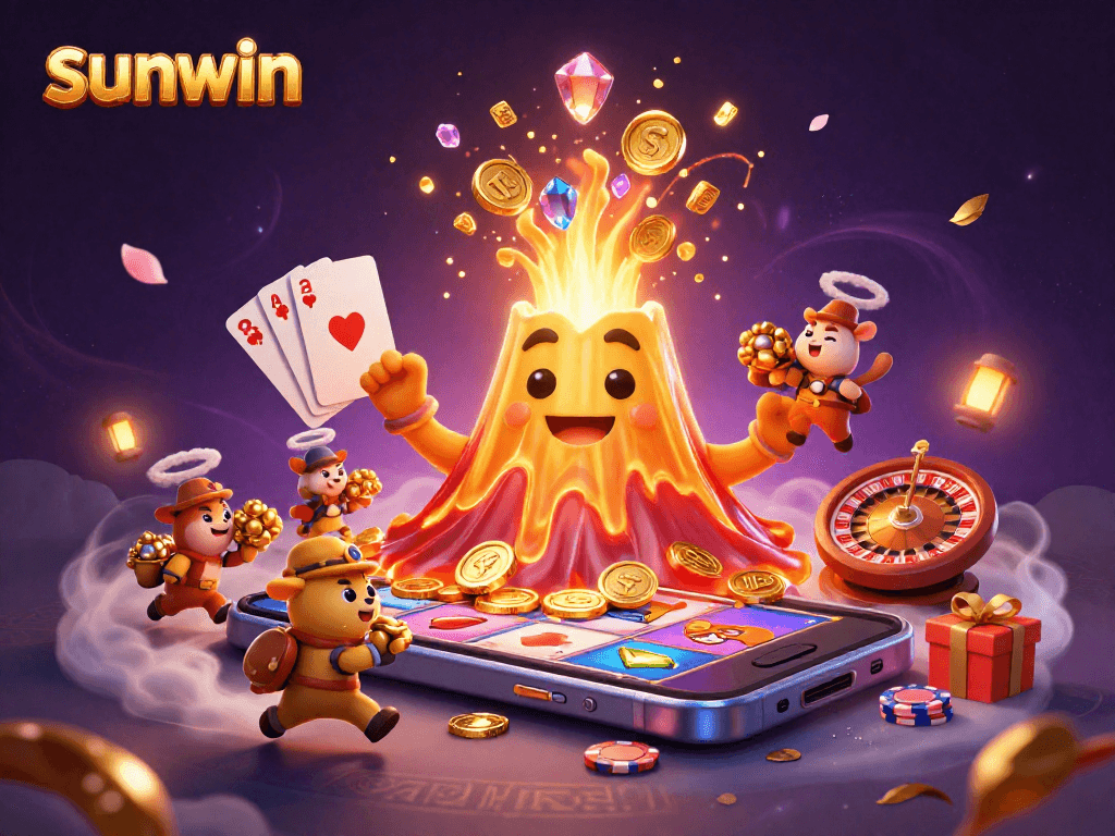 Engage with sunwin's thrilling 3D casino adventure featuring a victorious volcano and treasure-filled explorer animals.
