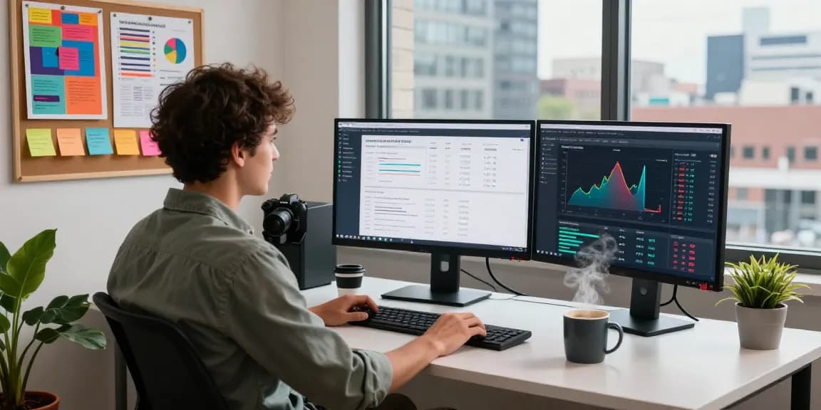 Content creator analyzing digital marketing trends and SERP rankings at a vibrant workspace with rokok88.