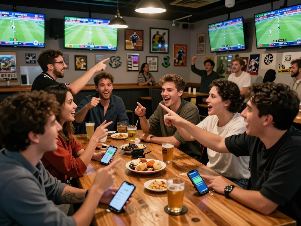 Friends celebrating sports betting with 1gom, lively sports bar atmosphere.