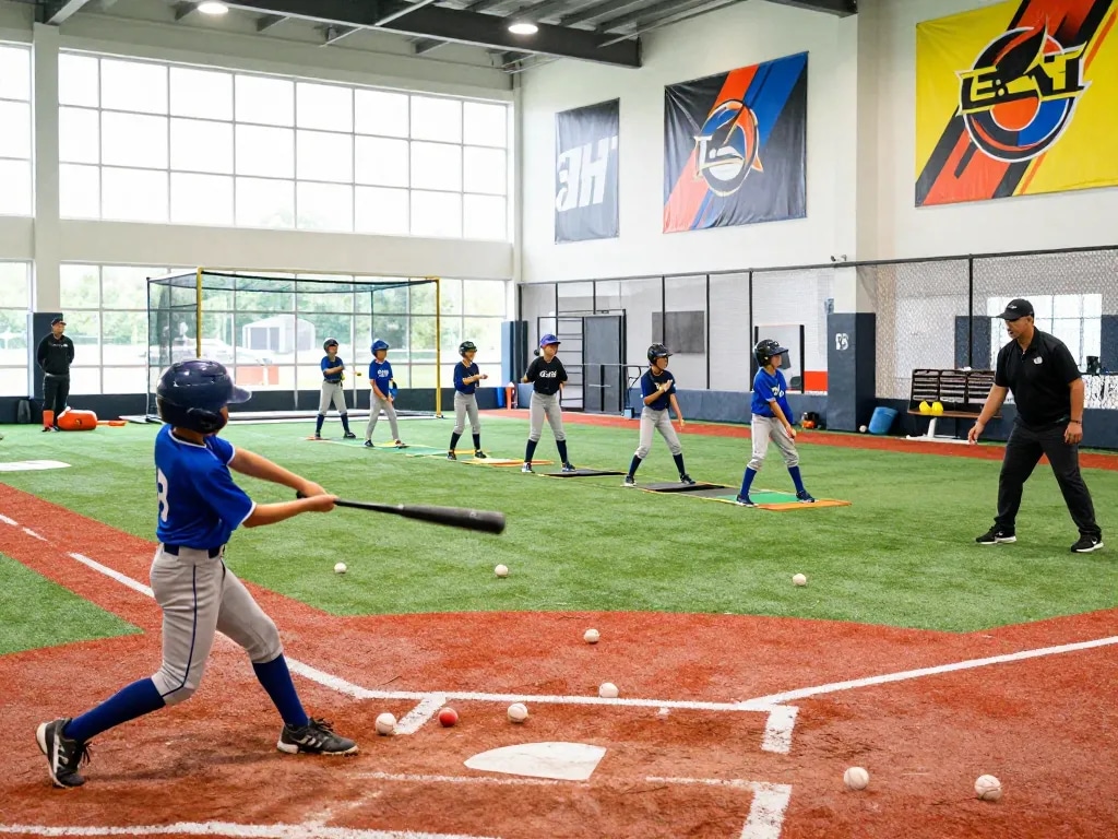 Young athletes training at HitClub baseball facility, demonstrating batting techniques in a bright indoor gym.