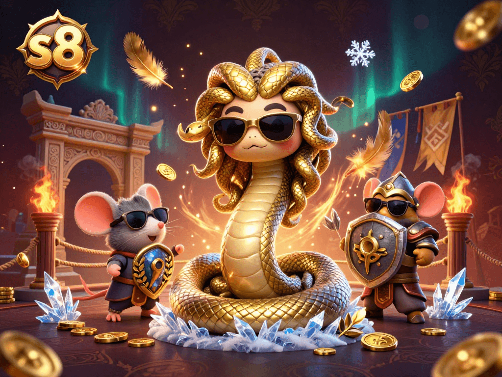 S8 casino captures the excitement of gaming with Medusa and a warrior in a dynamic scene.