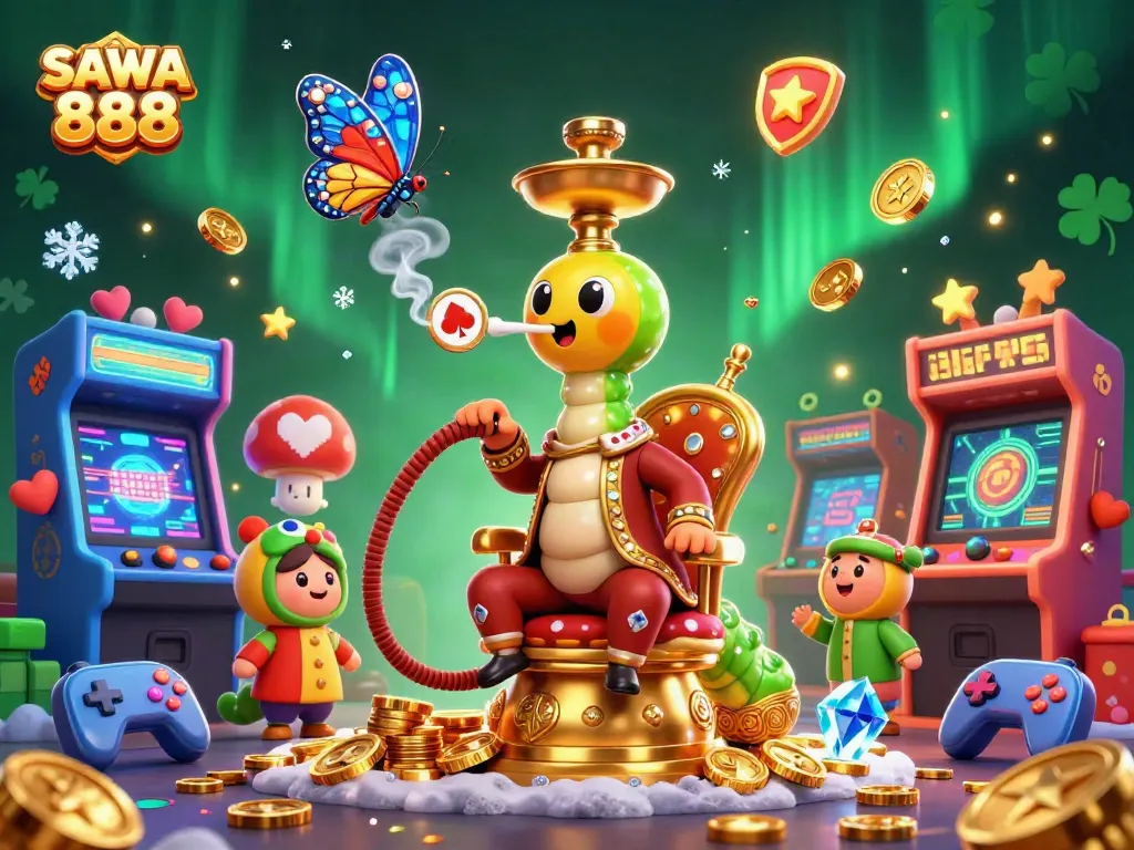 Experience SAWA 888's enchanting 3D scene filled with casino symbols and vibrant gaming elements.