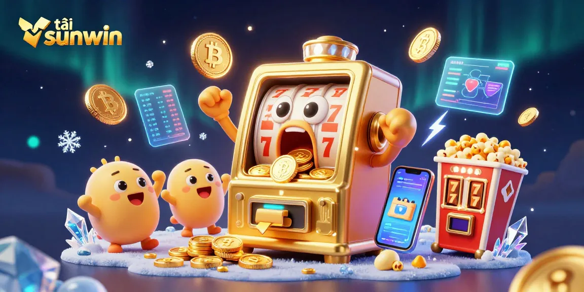 Spin and win with tải sunwin, showcasing a lively slot machine celebration and crypto elements!