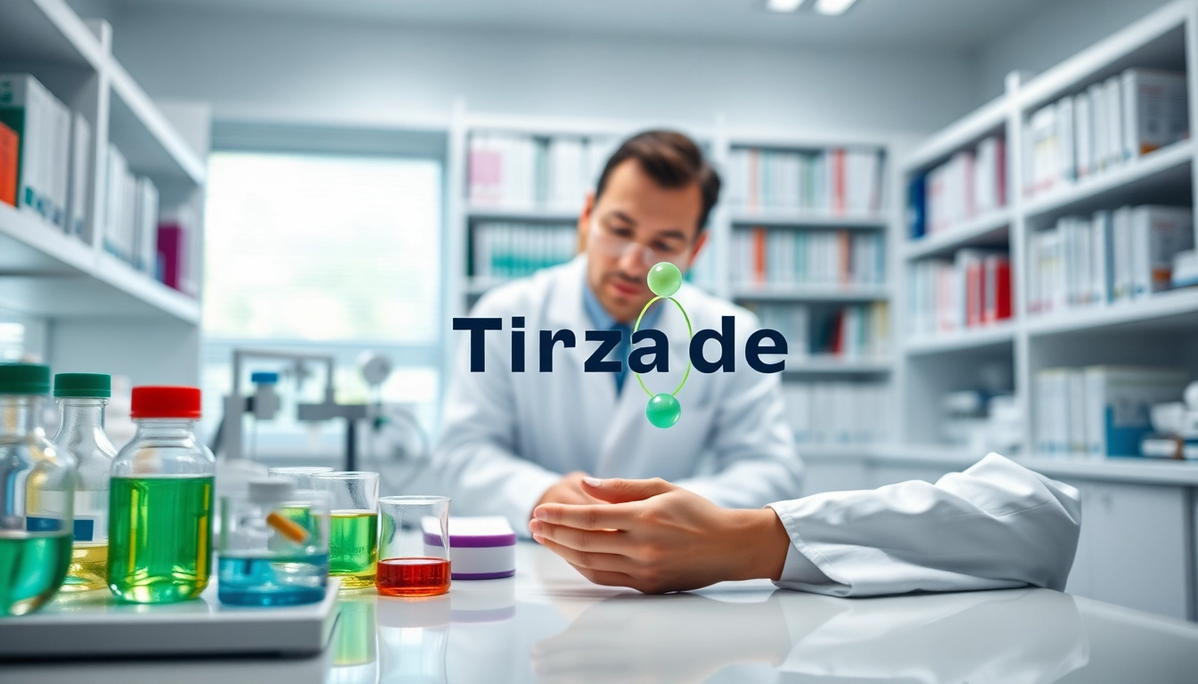 Tirzepatide molecule model examined by a scientist in a bright laboratory, symbolizing innovation.
