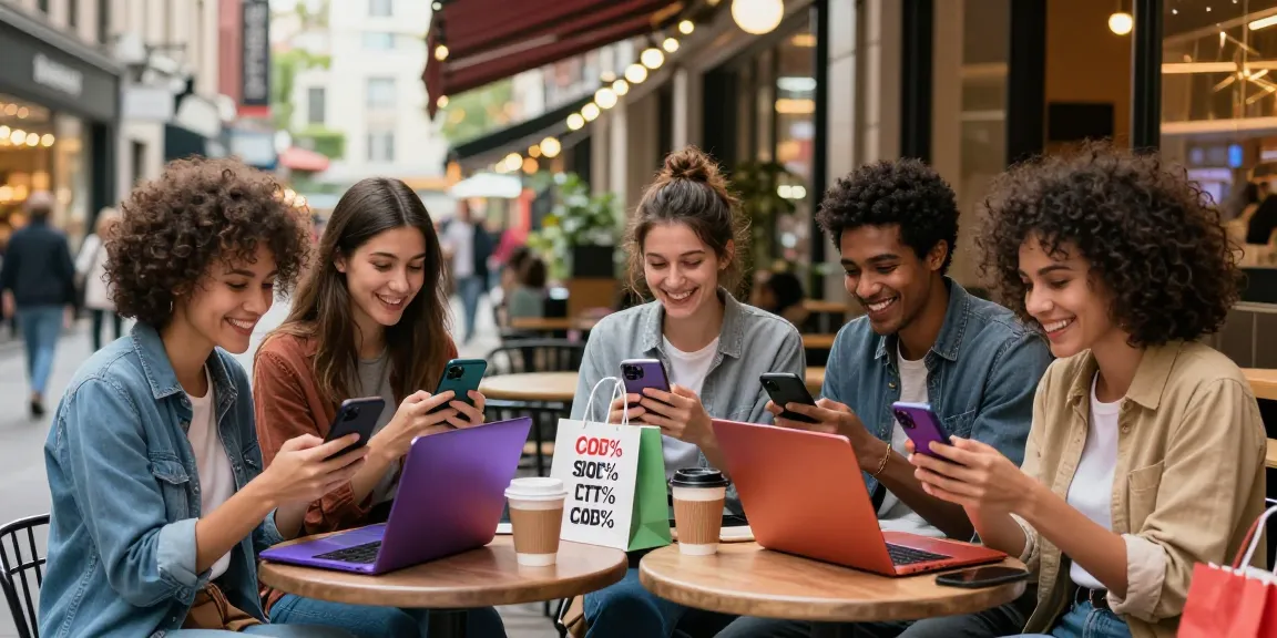 Group of friends exploring a discount code website in netherlands at a café.