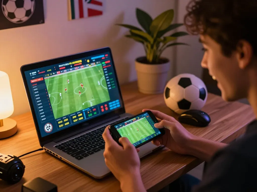 Engaging in soi keo nha cai with smartphone and laptop for live sports betting analysis.