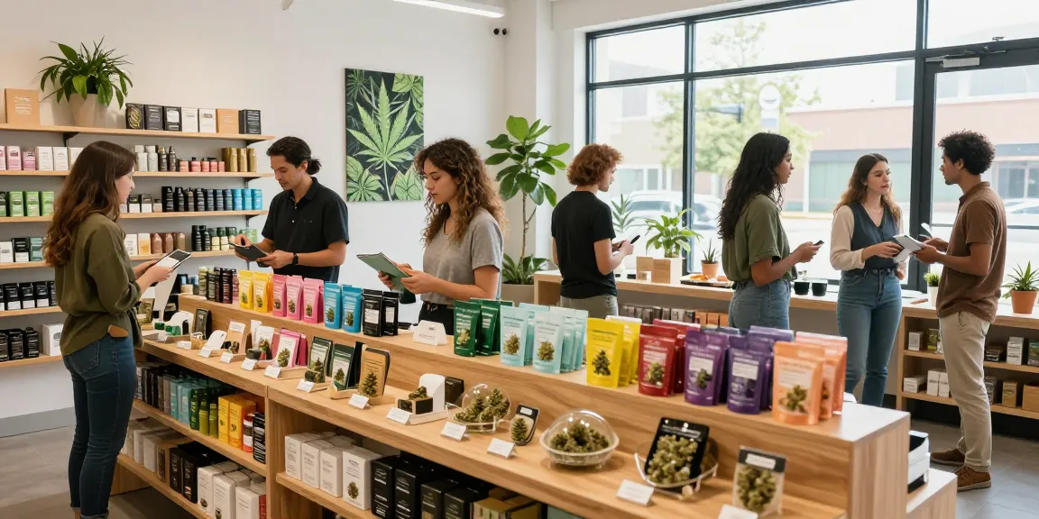 Customers exploring cannabis products at https://greatcanadianbuds.com in a vibrant dispensary atmosphere