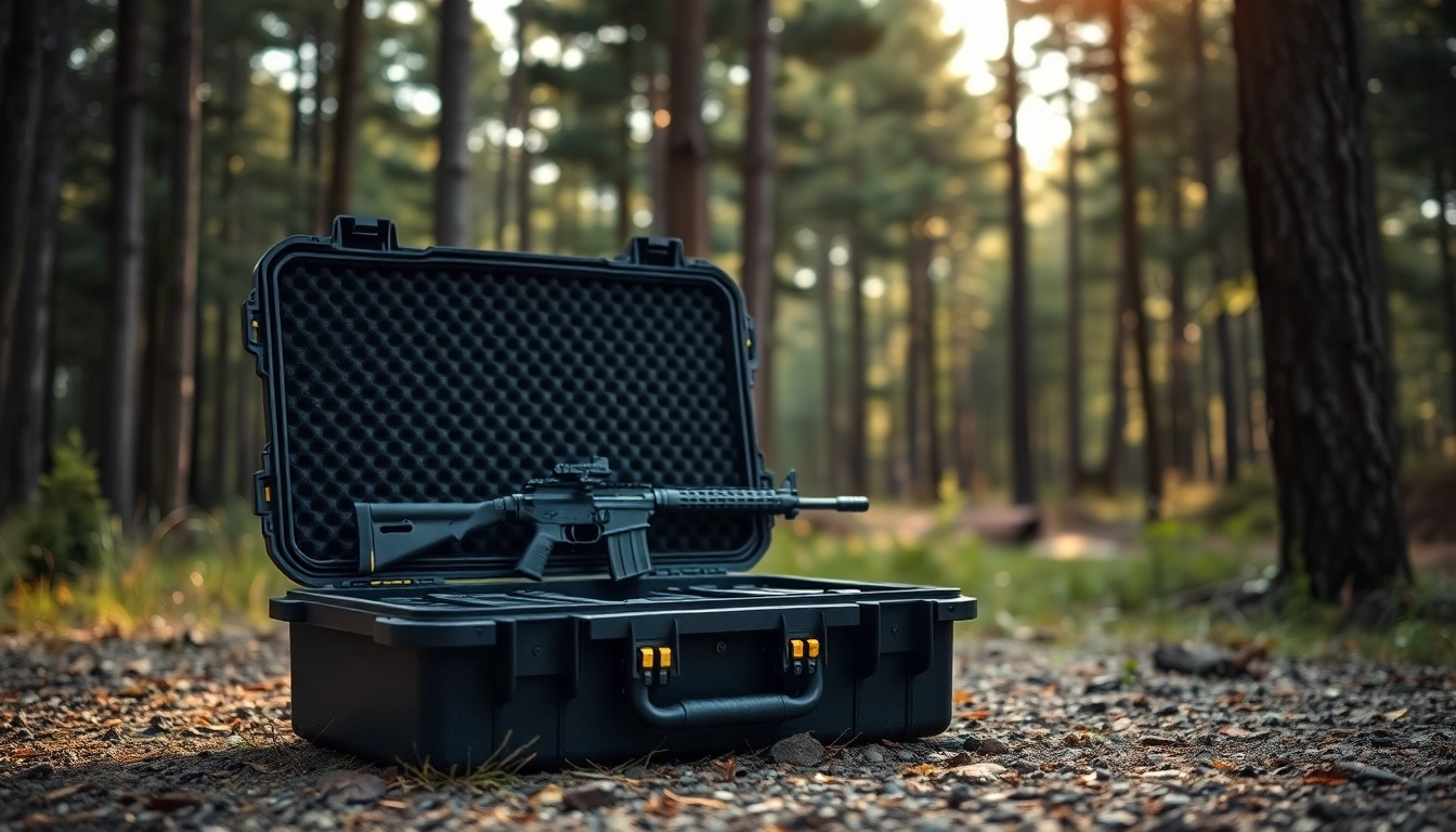 Pelican gun case for sale showcasing durable design in a forest setting.