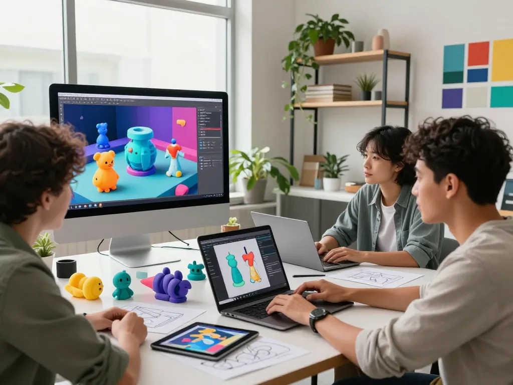 Designers using Text to 3D technology in a bright studio.