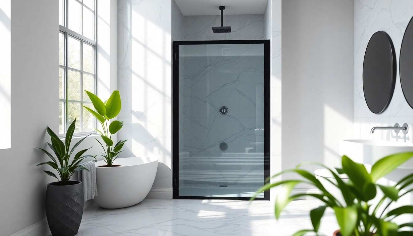 Admire the elegant black shower door featured in a modern bathroom design.