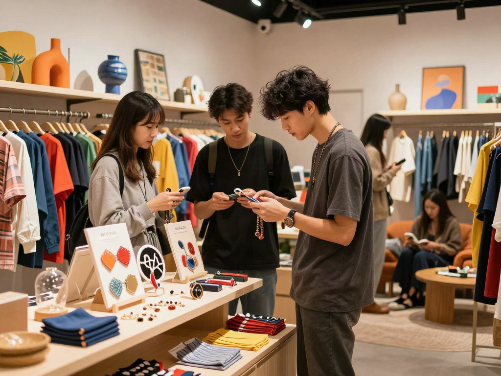 Young adults exploring trendy rokok88 lifestyle products in a chic retail setting.