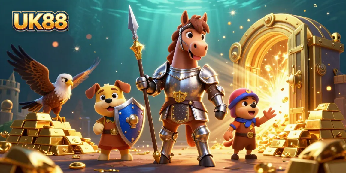 Experience thrilling gaming with UK88's dynamic casino scene featuring knights and treasure.