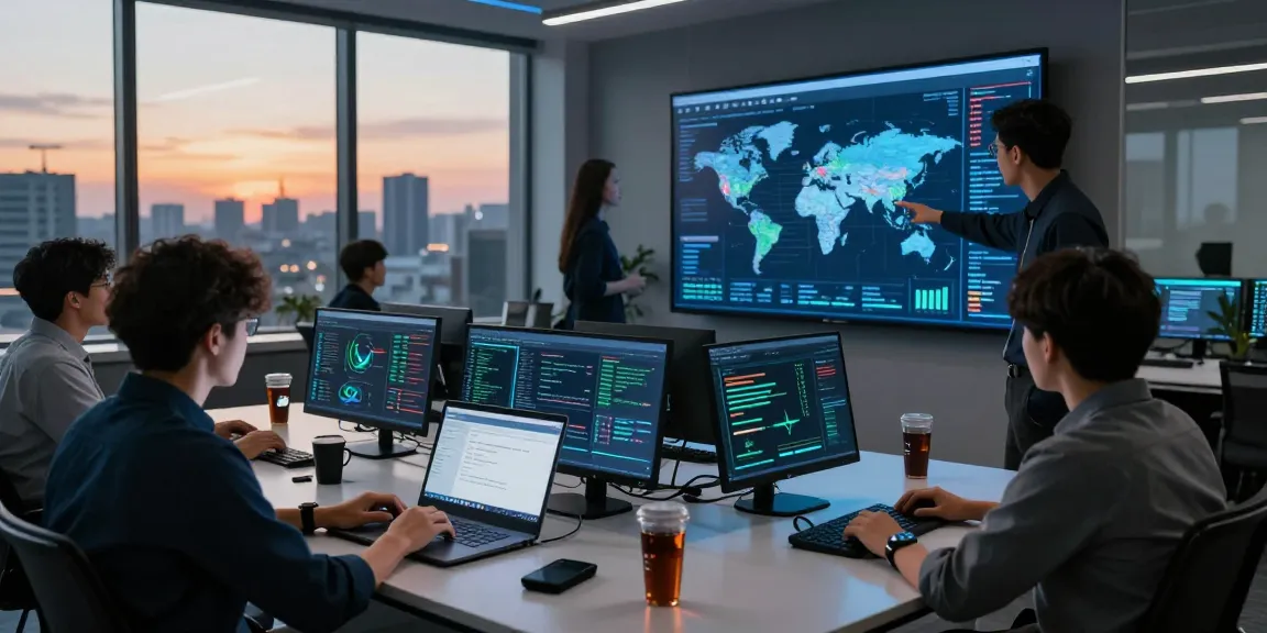 Team analyzing real-time malware protection data at a cybersecurity command center.