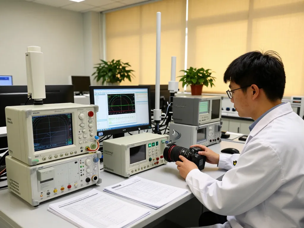 Technician performing CE certification EMC testing process in advanced lab.